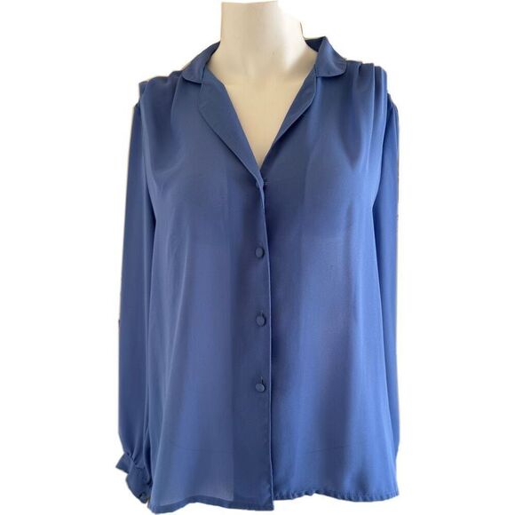Copycats L blue pleated button up vintage 70s blouse women’s - Picture 1 of 6